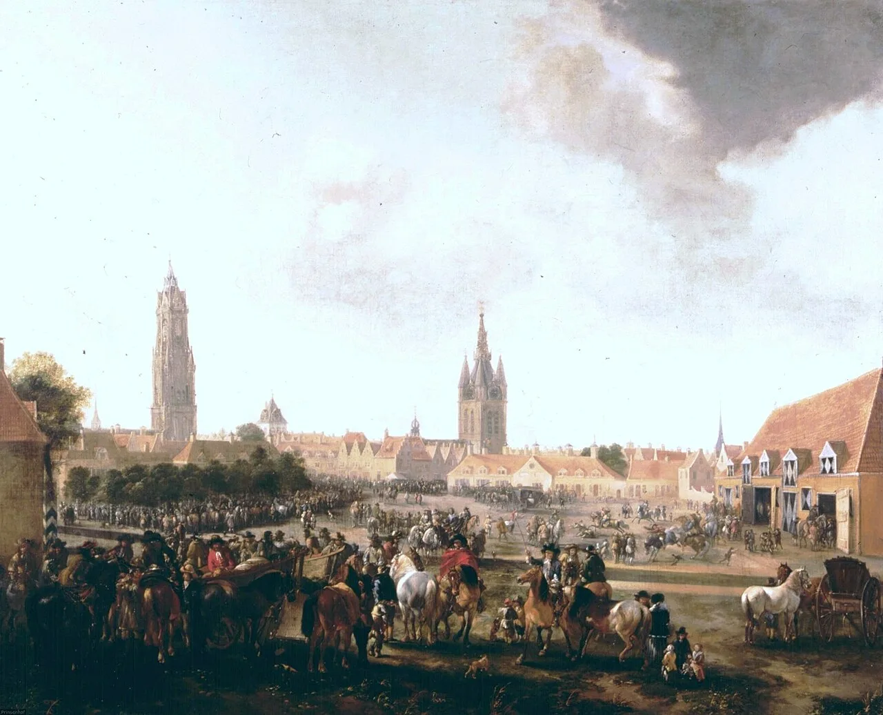 Pieter Wouwerman – Gezicht op de Paardenmarkt te Delft ("View of the Paardenmarkt in Delft"), 1665