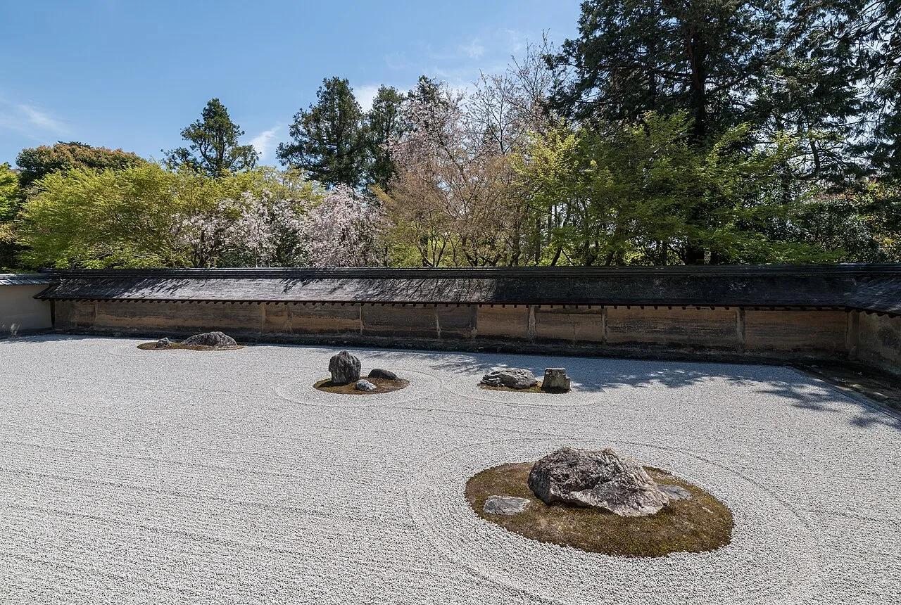 Rock garden with raked gravel and arranged stones at a Zen temple