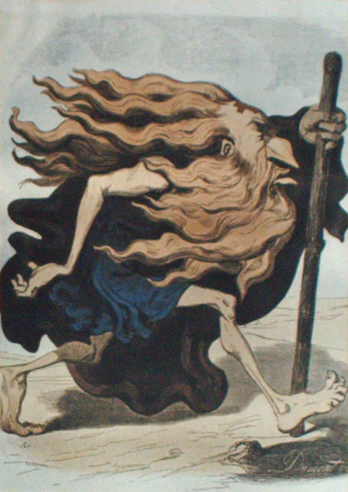 The Wandering Eternal Jew (Le Juif Eternel), coloured wood engraving by S. C. Dumont, 1852, reproduced at the Nazi exhib