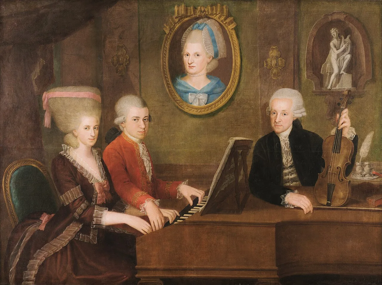 Portrait of the Mozart Family, c. 1780 (attrib. Johann Nepomuk della Croce); the portrait on the wall is of Mozart's mot