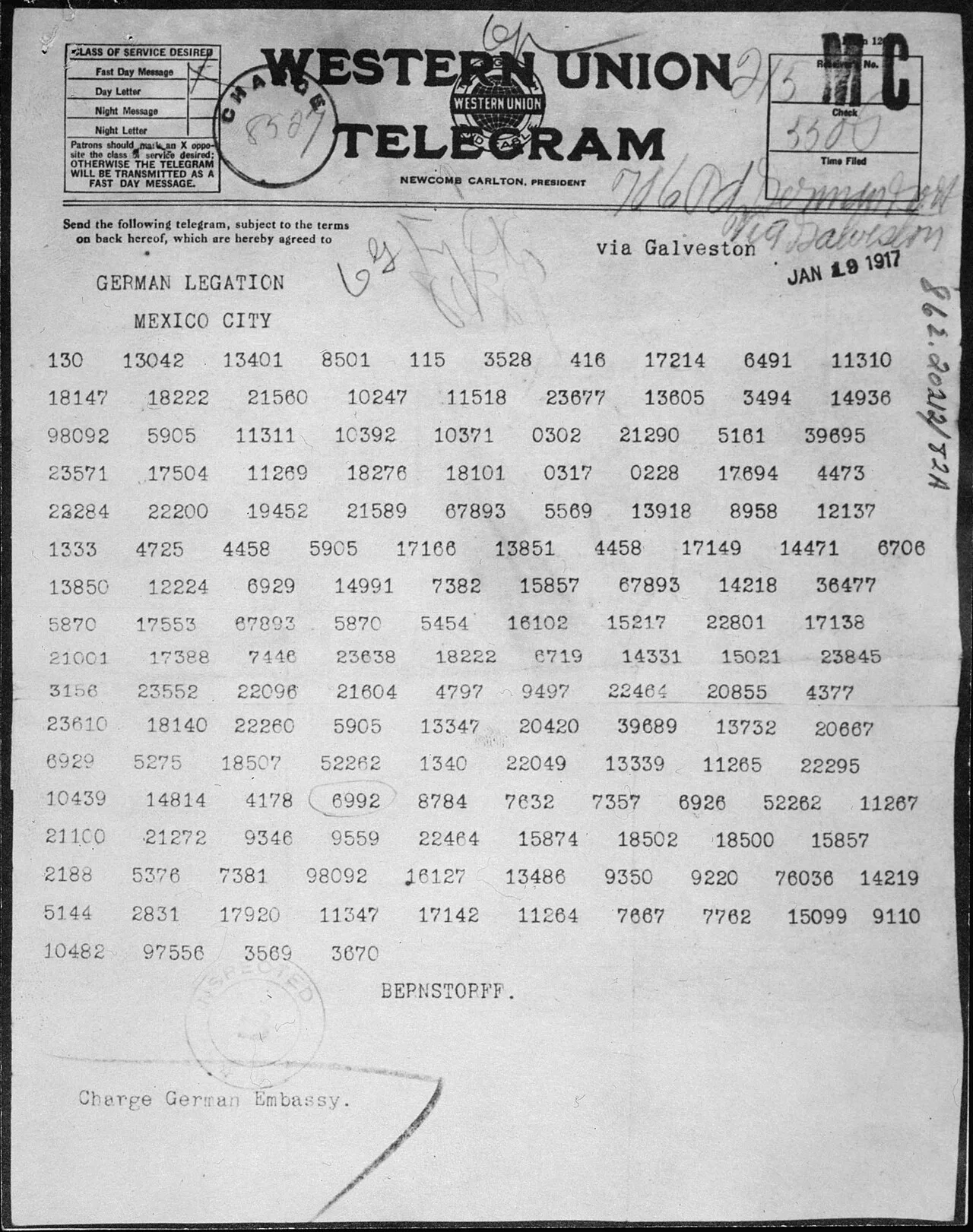 The Zimmermann telegram as it was sent from Washington, D.C., to Ambassador Heinrich von Eckardt, the German ambassador