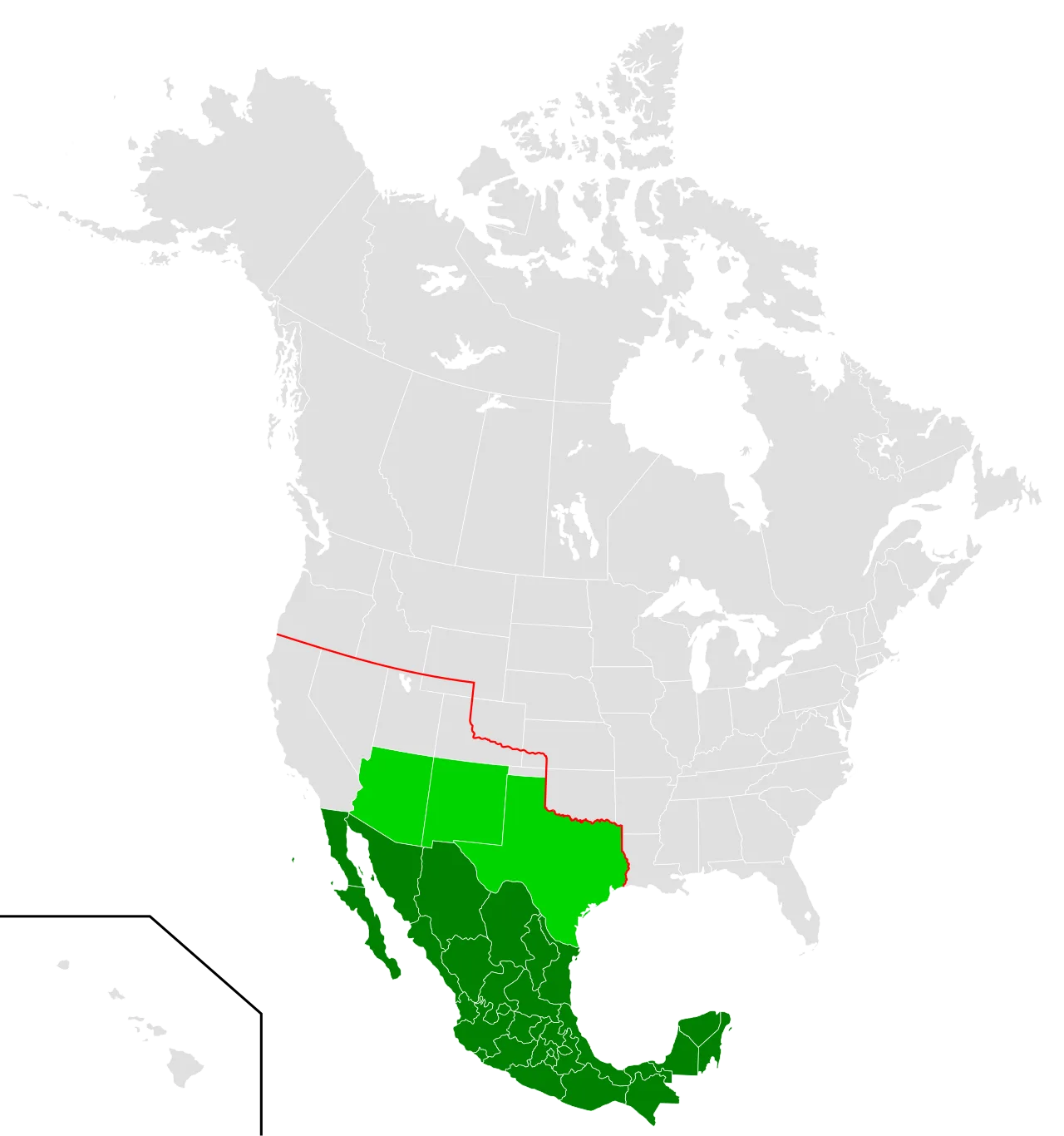 Mexico in 1916 (in dark green); territory promised to Mexico in the Zimmermann telegram (in light green); and the pre-18